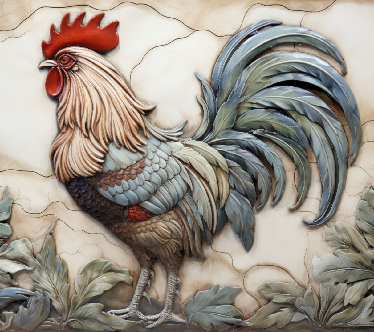 Clay rooster 18" by 16" mural + nine 8" by 6" border rooster tiles.