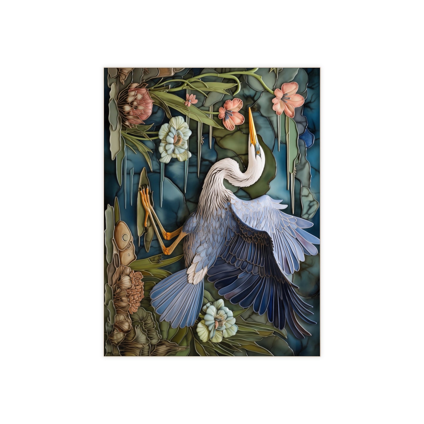 Flying Heron Ceramic Tile or Mural. Blue Heron Flying Backsplash.