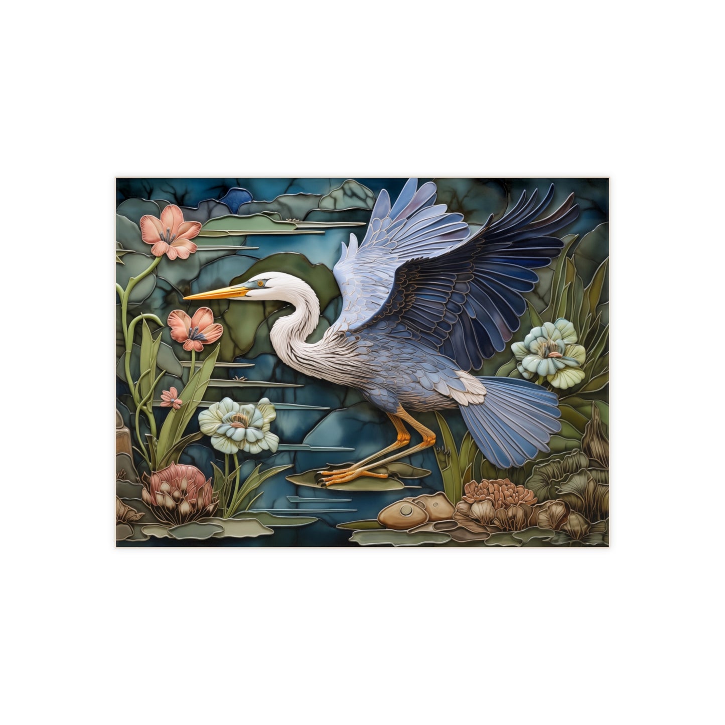 Flying Heron Ceramic Tile or Mural. Blue Heron Flying Backsplash.
