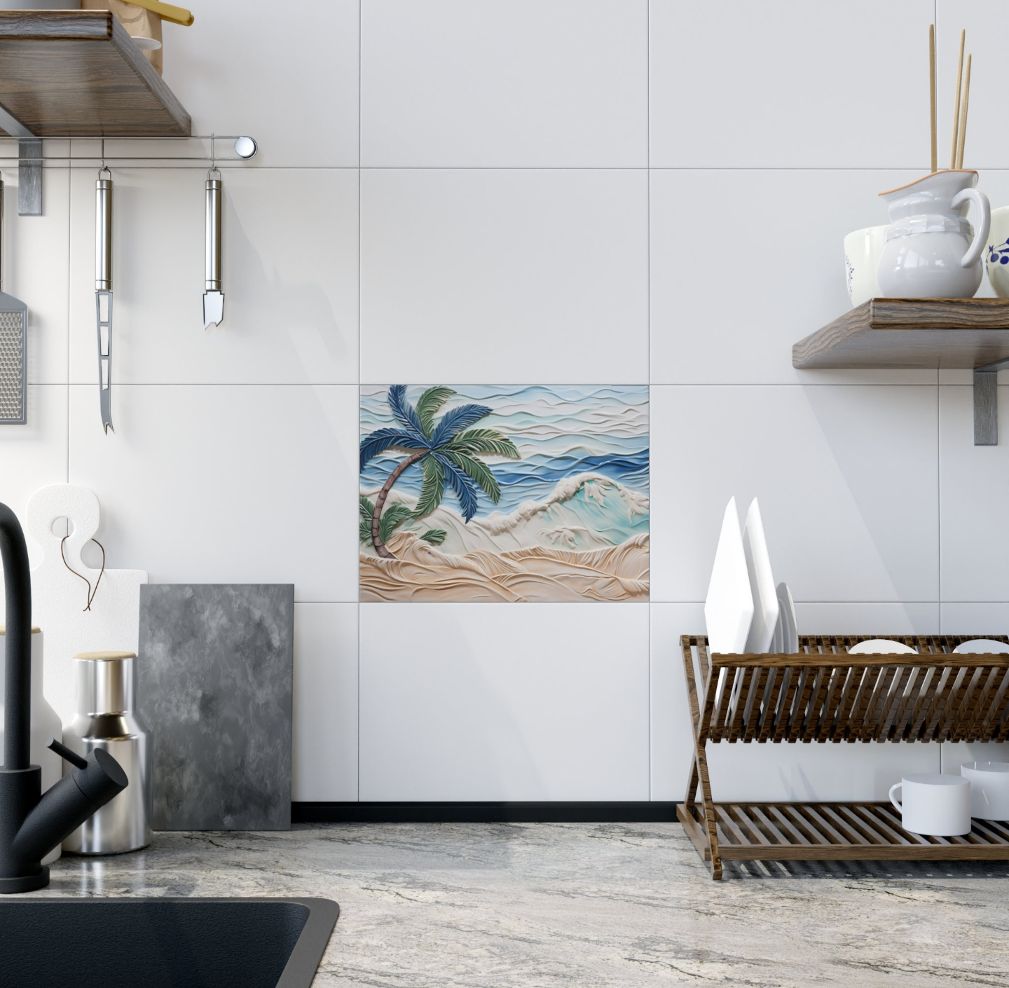 Palm Tree by the Ocean Ceramic Tile, Beach Accent Tile, Seaside Decorative Tile