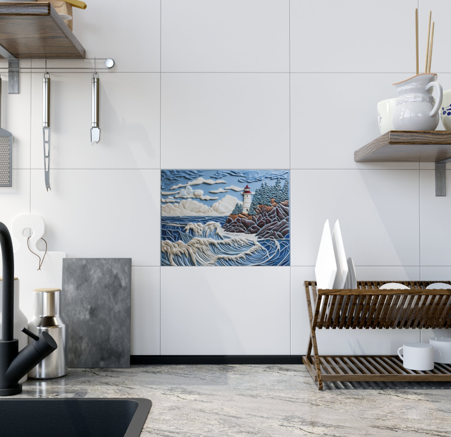 Lighthouse Ceramic Accent Tile or Mural. Kitchen Backsplash Lighthouse Mosaic.