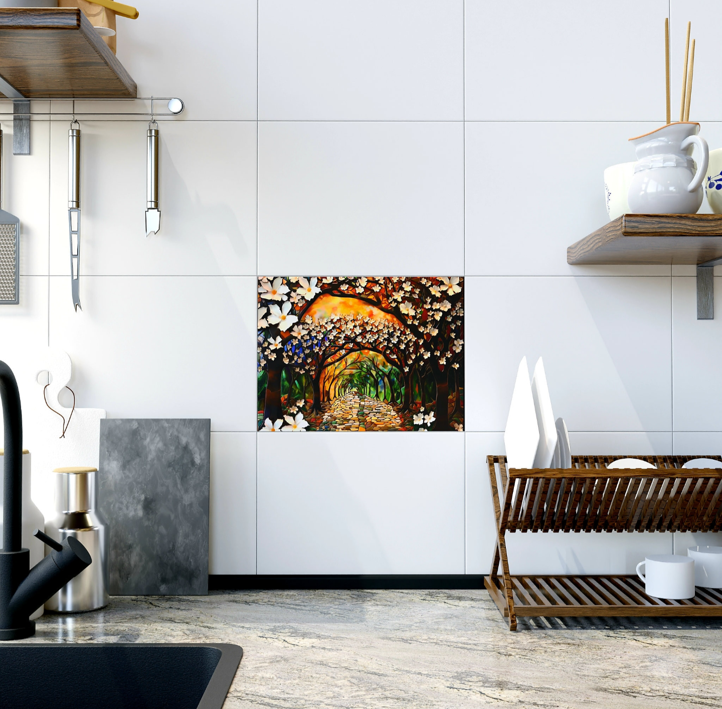Arboreal Canopy Ceramic Tile or Mural. Floral Backsplash.