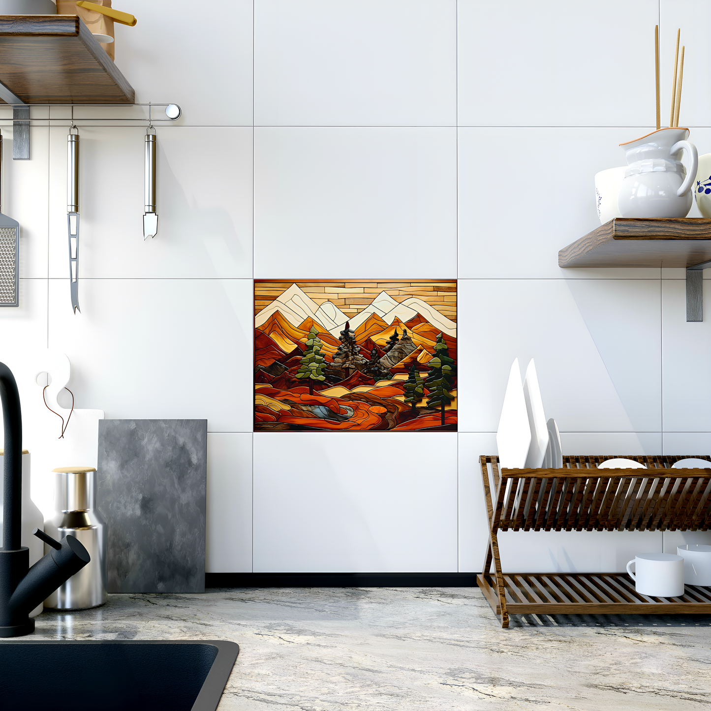 Ceramic Nature Tile or Mural. Mountains Ceramic Tile Backsplash.