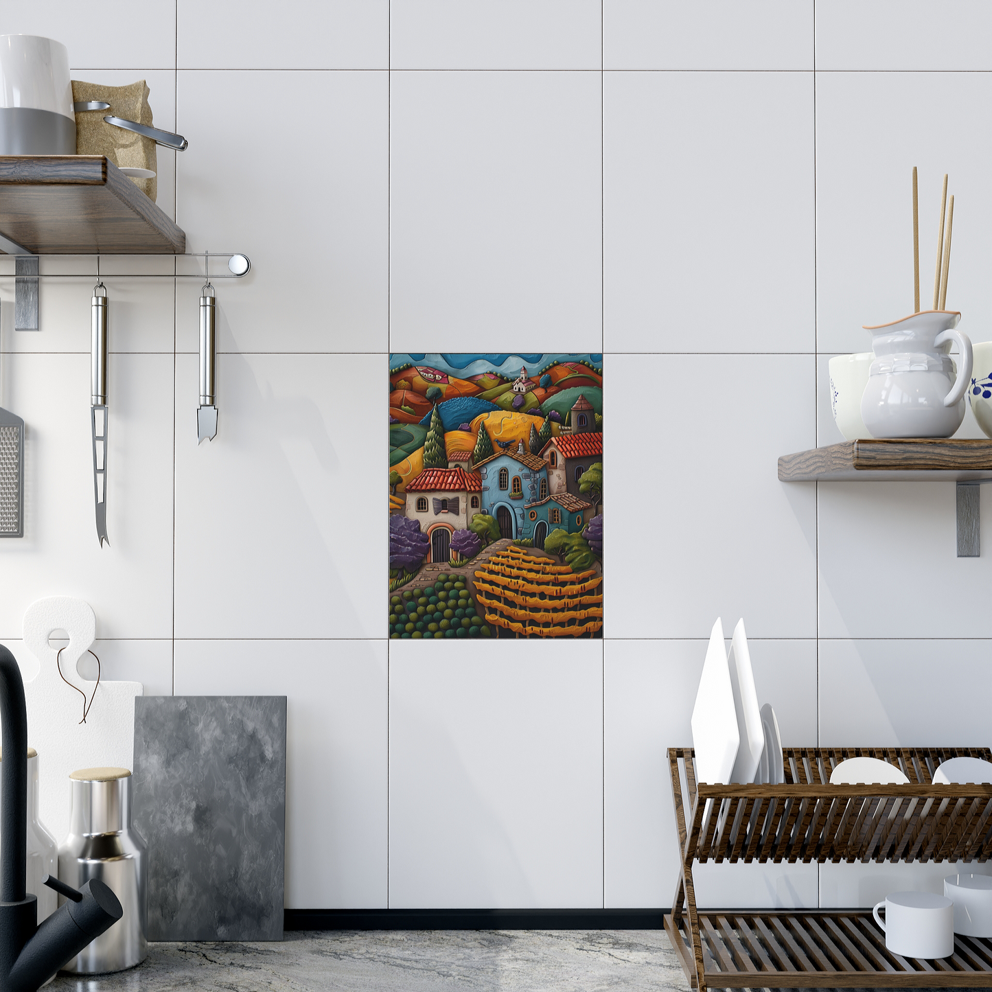 Whimsical Magic Town Ceramic Tiles or Murals. Set of 2.