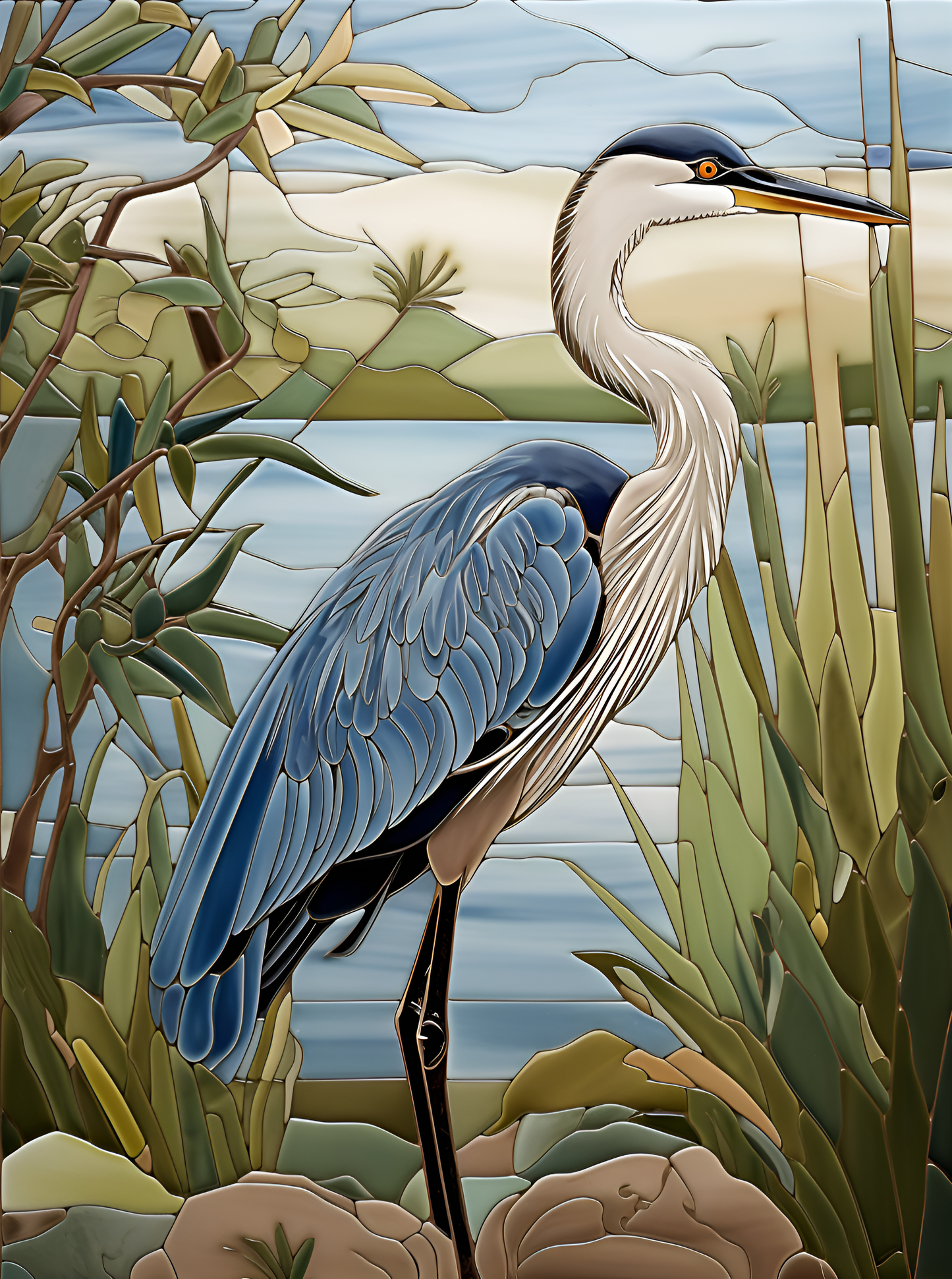 Blue Heron Ceramic Mosaics. Set of 2.