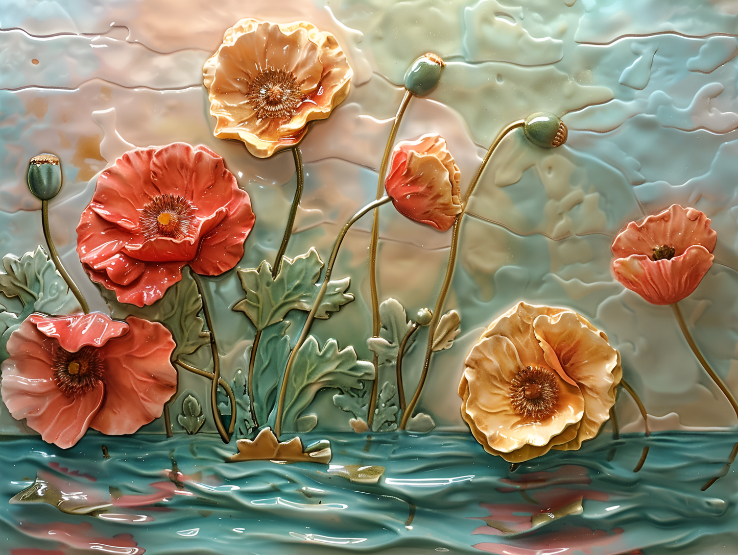 Poppies Ceramic Tile or Mural. Poppies Ceramic Kitchen Backsplash.