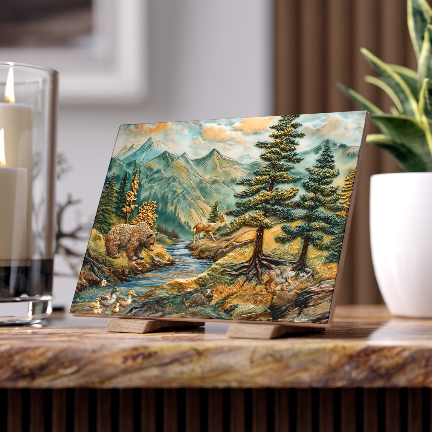 Mountain Wildlife Ceramic Backsplash. Wild Animals Tile Mural.