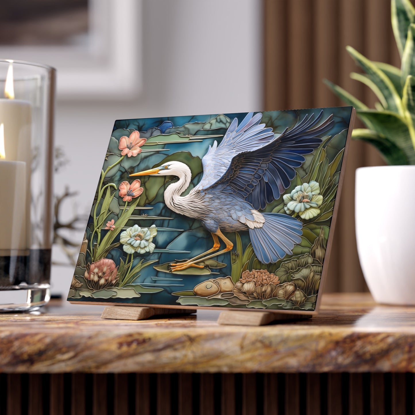 Flying Heron Ceramic Tile or Mural. Blue Heron Flying Backsplash.