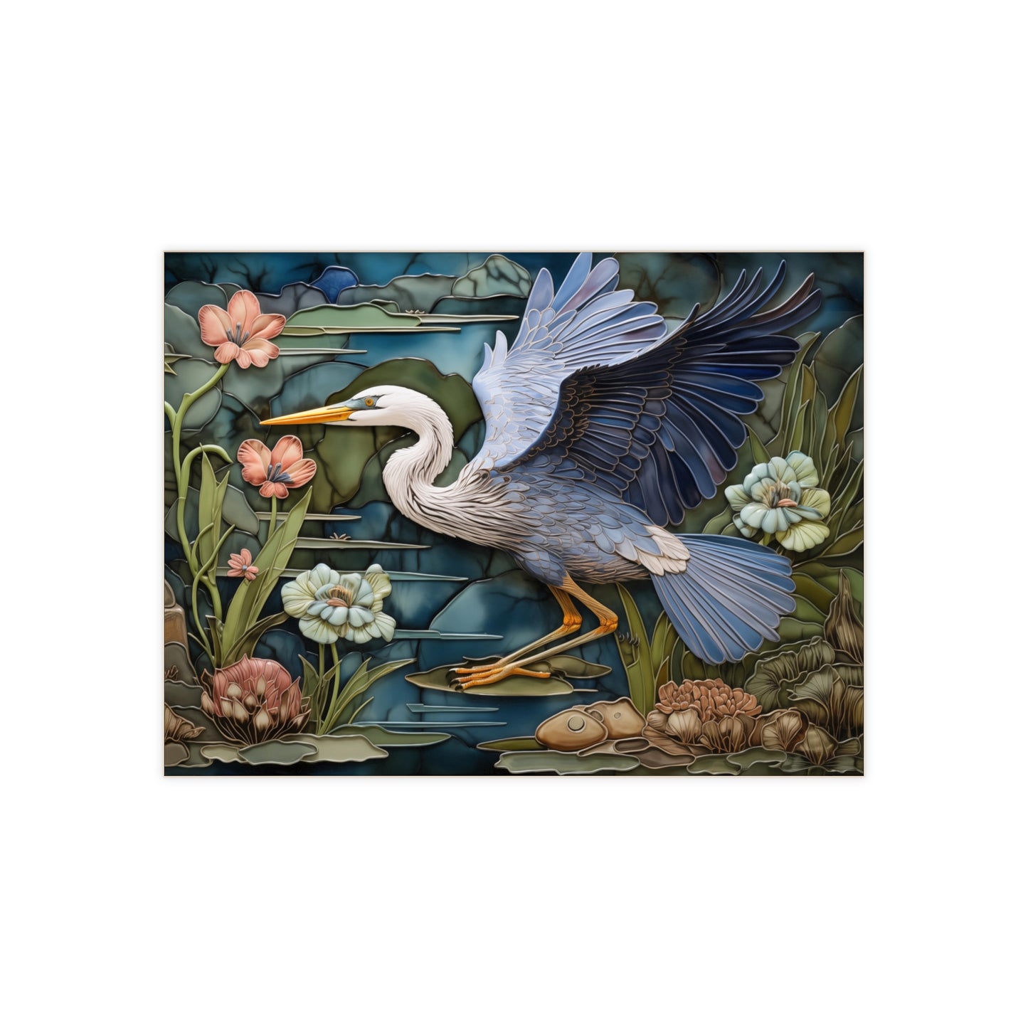 Flying Heron Ceramic Tile or Mural. Blue Heron Flying Backsplash.