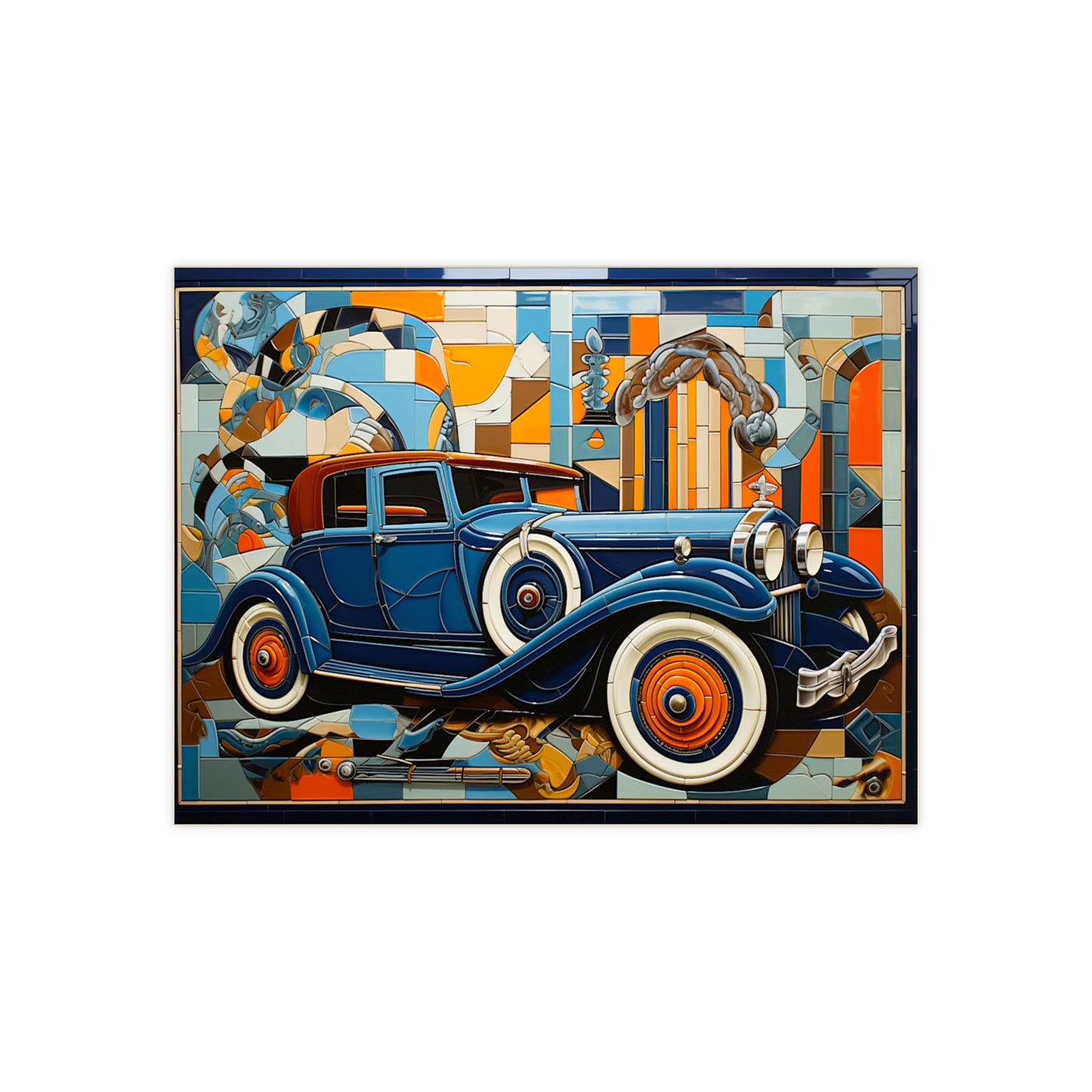 Old Fashioned Automobile Ceramic Tiles, Car Tiles, Old Auto Wall Accent Tiles. Set of 4.
