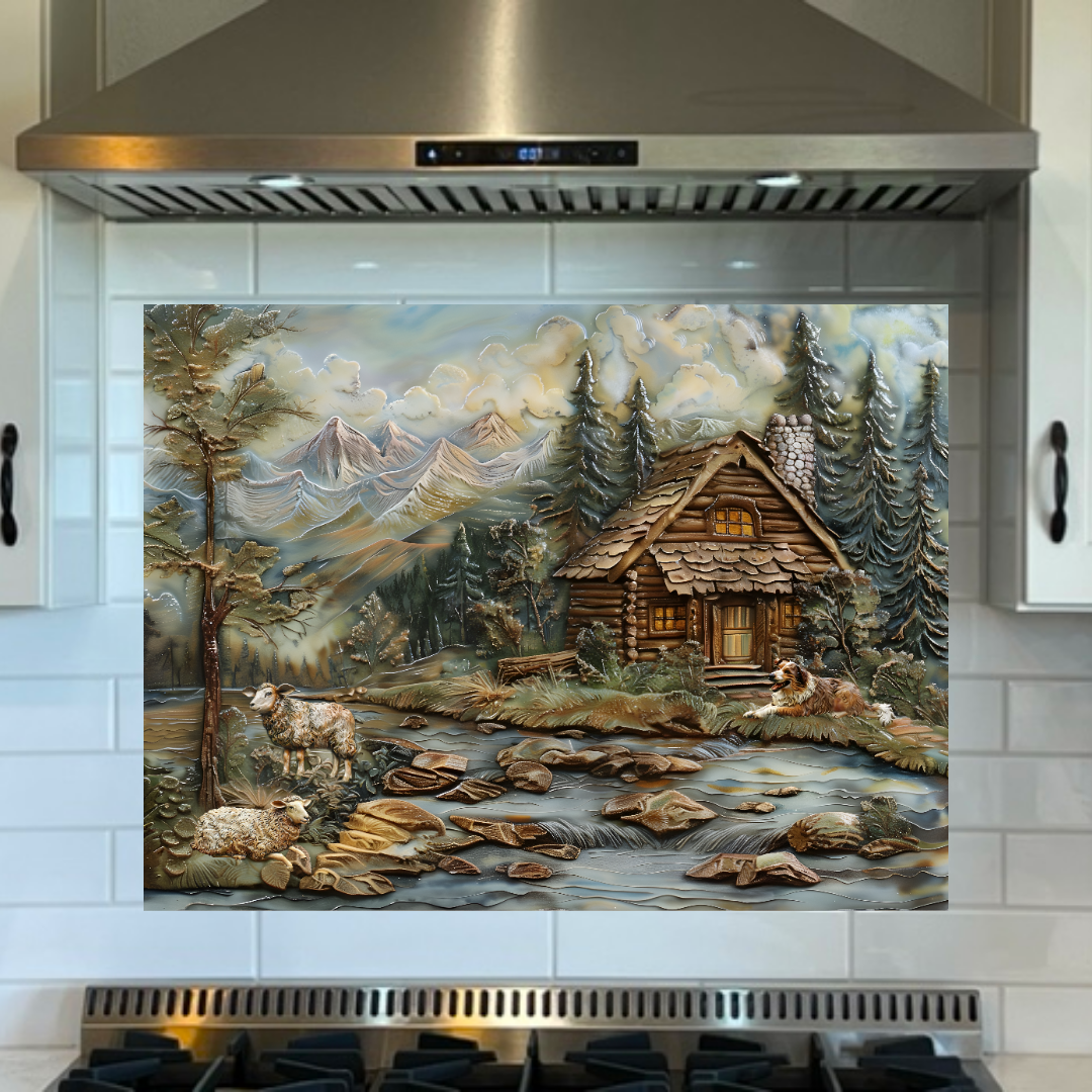 Mountain Log Cabin Ceramic Tile Mural. Herding Dog with Sheep Ceramic Kitchen Backsplash.