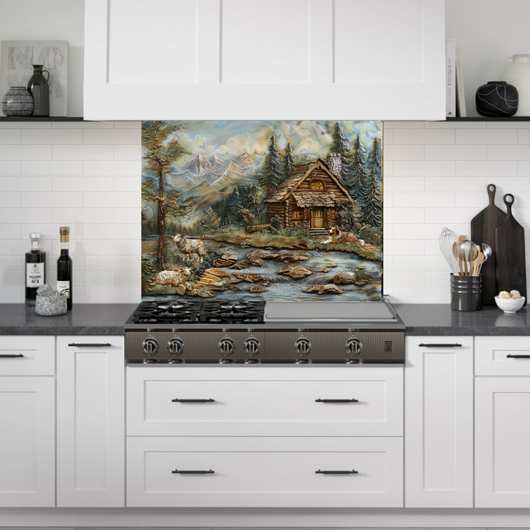 Mountain Log Cabin Ceramic Tile Mural. Herding Dog with Sheep Ceramic Kitchen Backsplash.