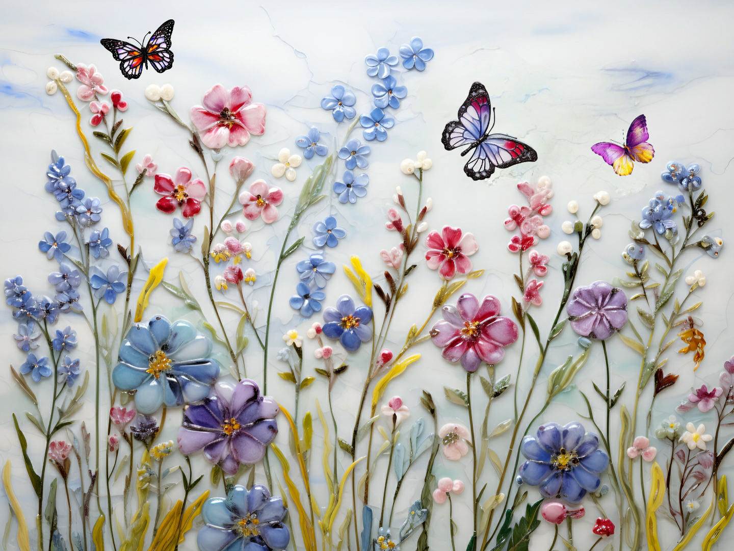 Butterfly in a field of Wildflowers Mural and Lavender Tile Set.