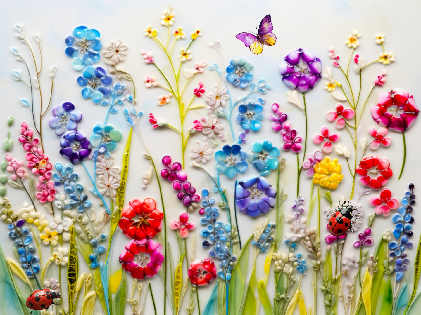 Ladybugs and butterfly among wildflowers ceramic tile mosaic.