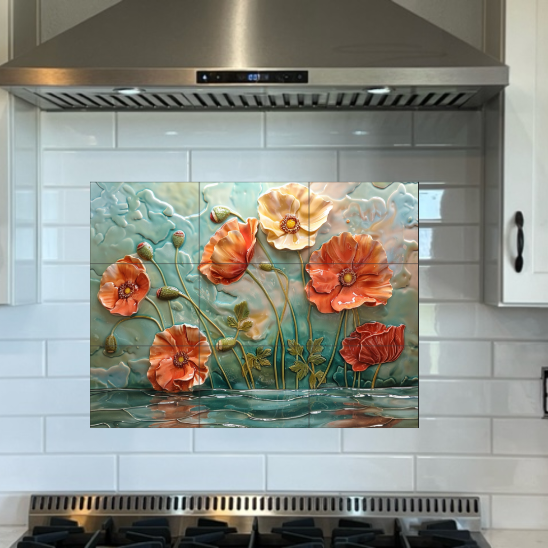Poppies Ceramic Tile or Mural. Poppies Ceramic Kitchen Backsplash.