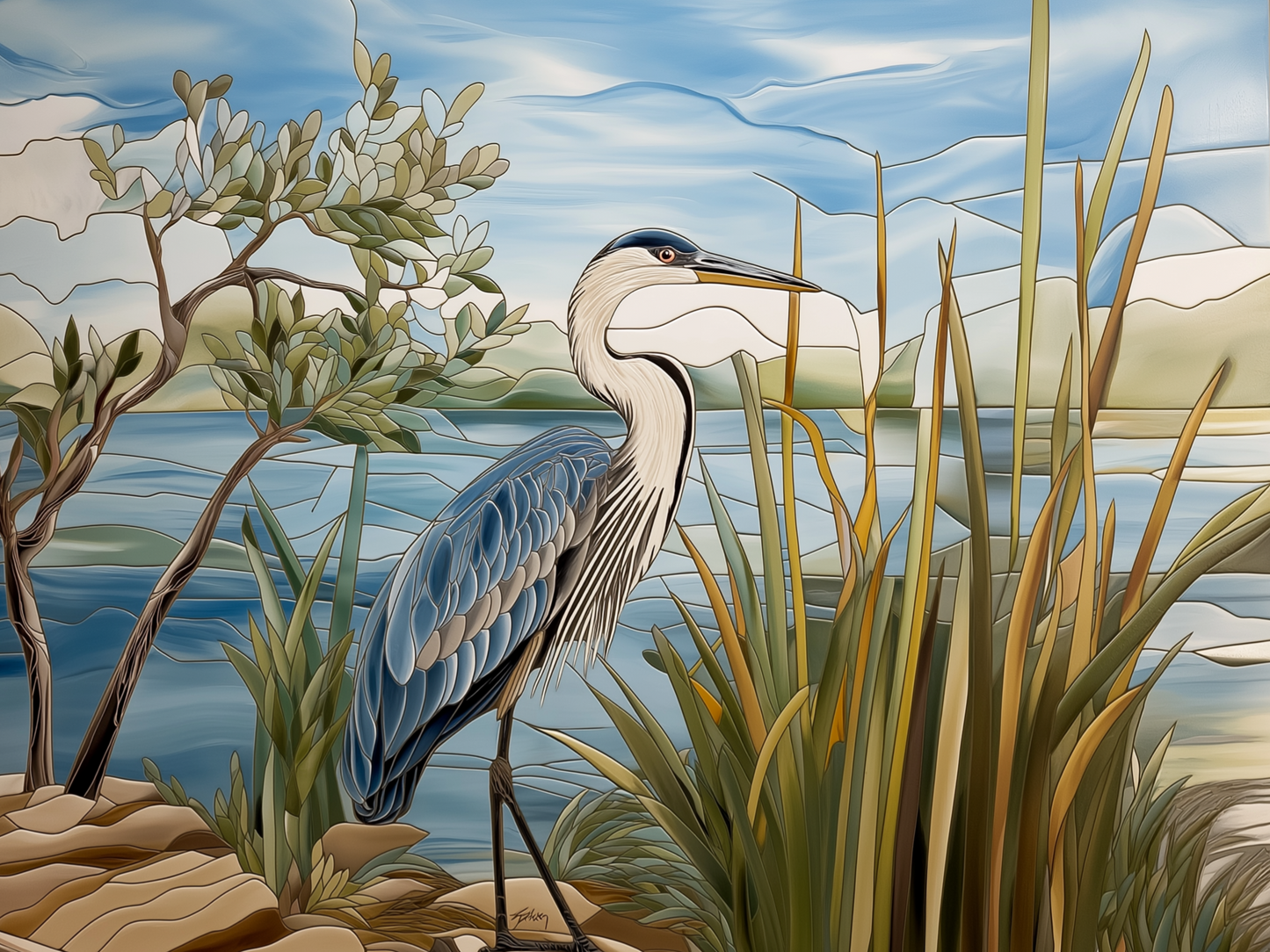 Blue Heron Landscape Ceramic Tile Mosaic.