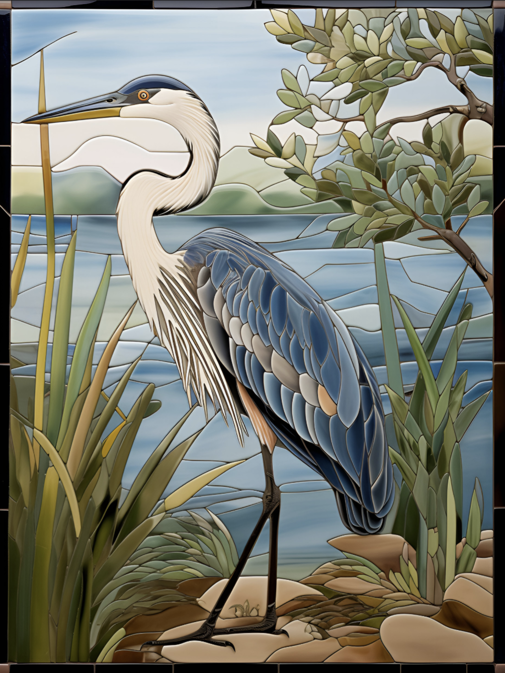 Blue Heron Ceramic Mosaics. Set of 2.