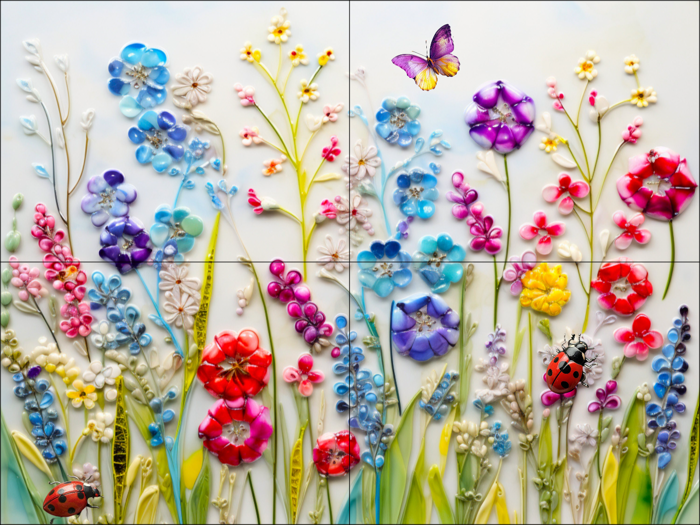 Ladybugs and butterfly among wildflowers ceramic tile mosaic.