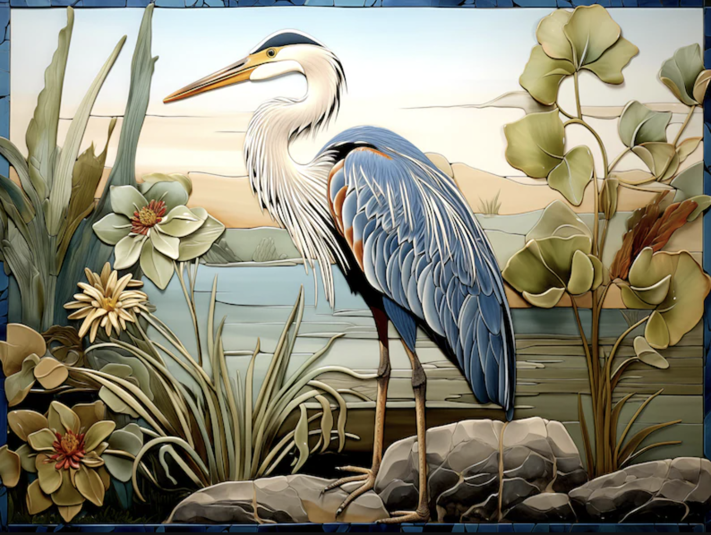 Blue Heron Ceramic Tile Murals. Set of 2.