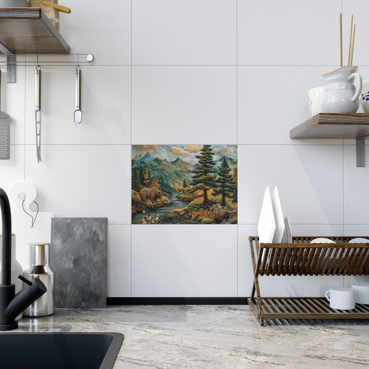 Mountain Wildlife Ceramic Backsplash. Wild Animals Tile Mural.