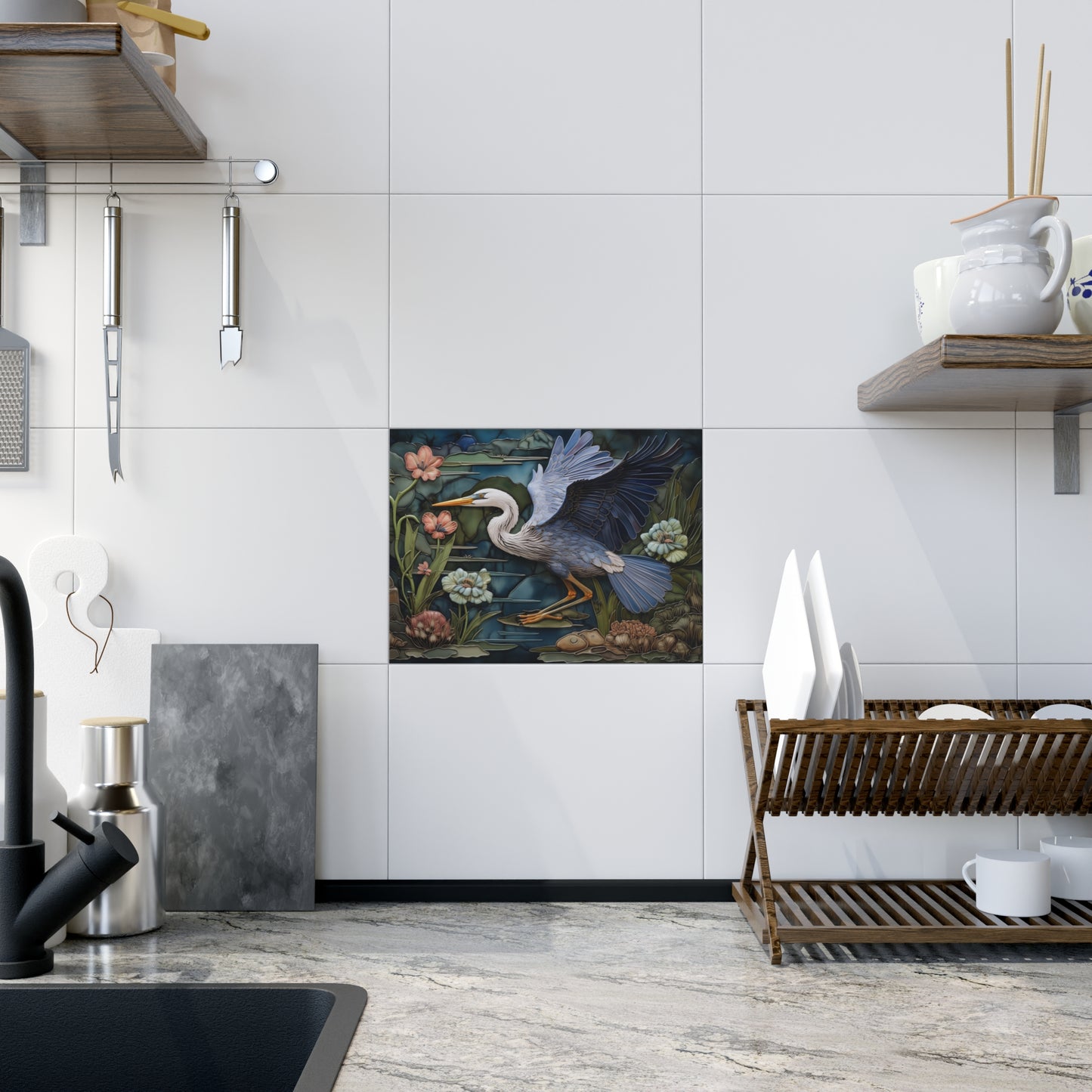 Flying Heron Ceramic Tile or Mural. Blue Heron Flying Backsplash.