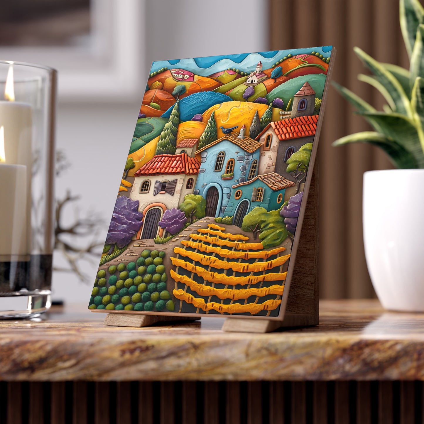 Whimsical Magic Town Ceramic Tiles or Murals. Set of 2.
