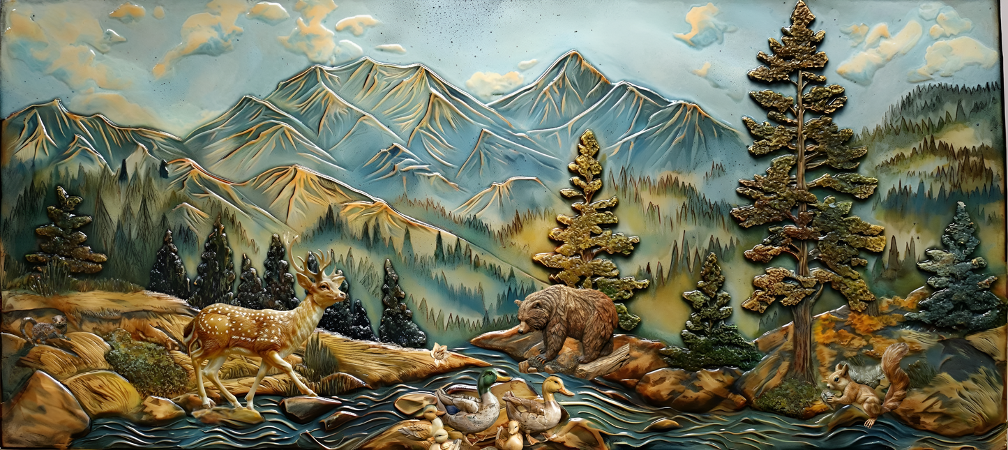 Mountain Wildlife Ceramic Backsplash. Wild Animals Tile Mural.