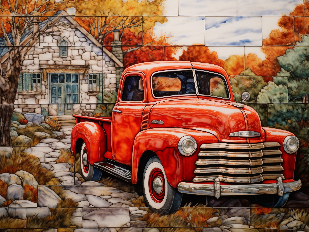 Ceramic Old-Fashioned Truck Tiles. Set of 4.