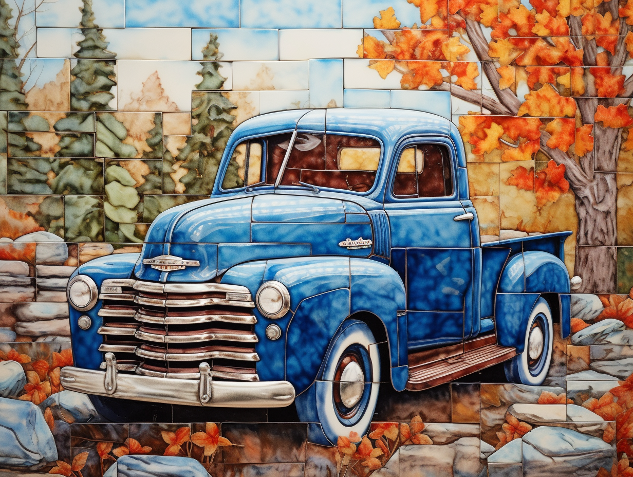 Ceramic Old-Fashioned Truck Tiles. Set of 4.