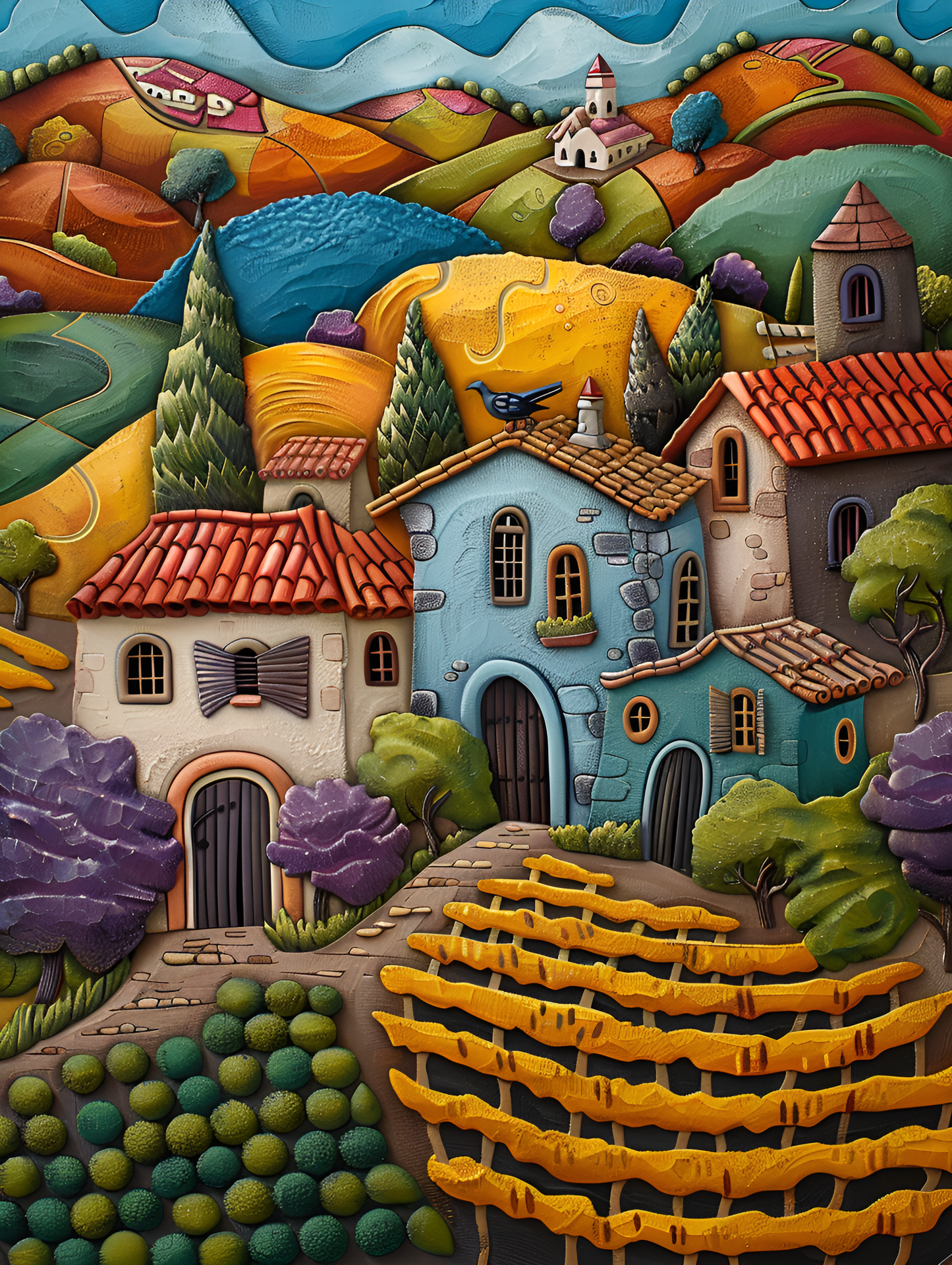 Whimsical Magic Town Ceramic Tiles or Murals. Set of 2.