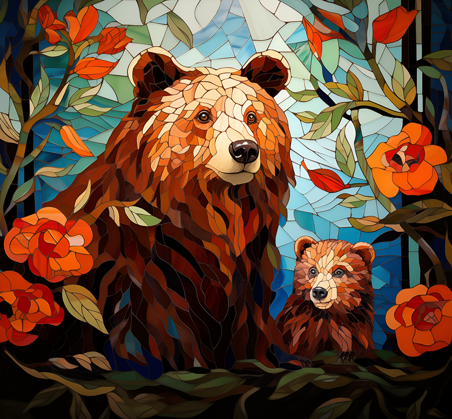 Mama bear and her cub ceramic tile mosaic backsplash.