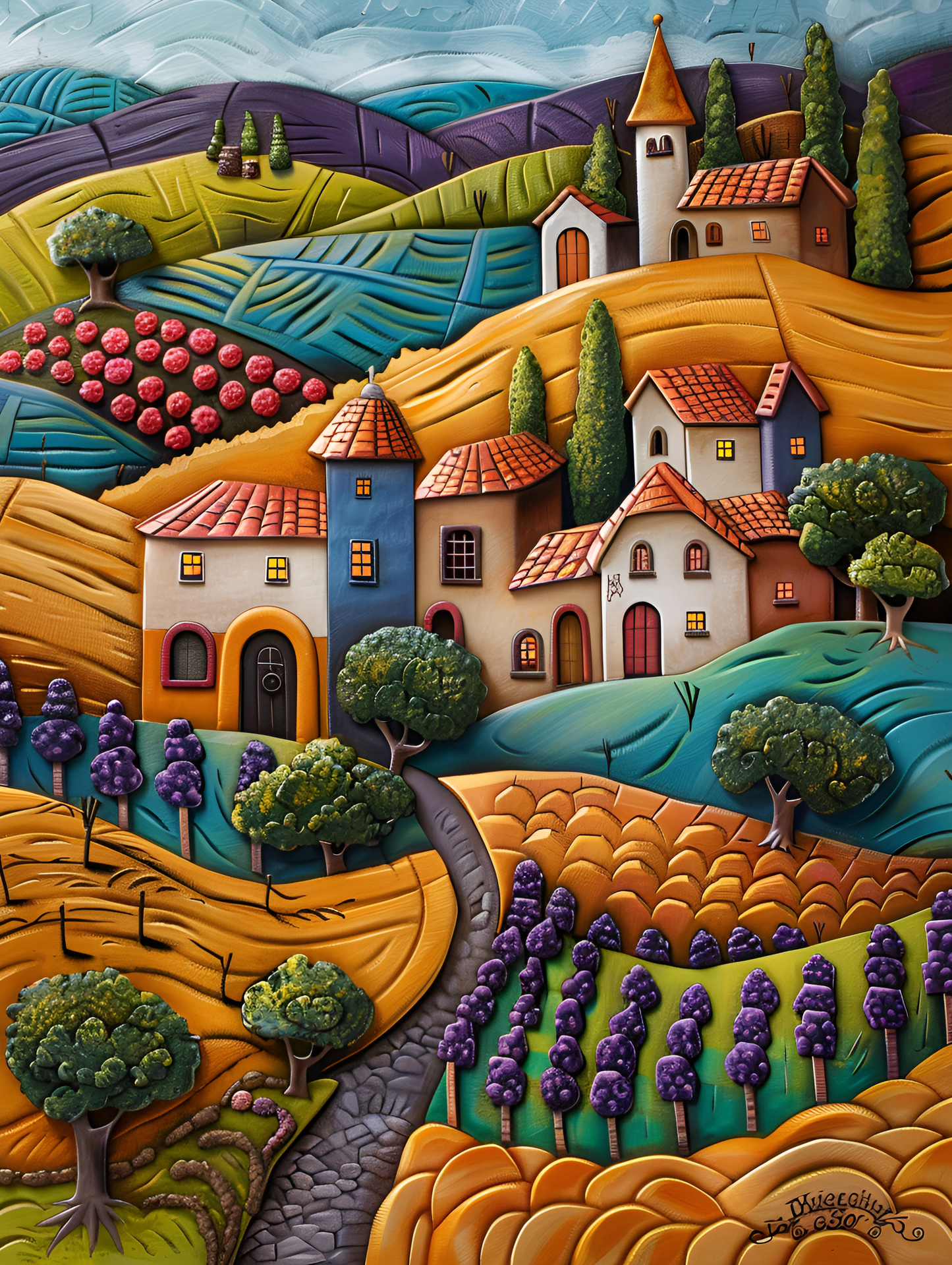 Whimsical Magic Town Ceramic Tiles or Murals. Set of 2.