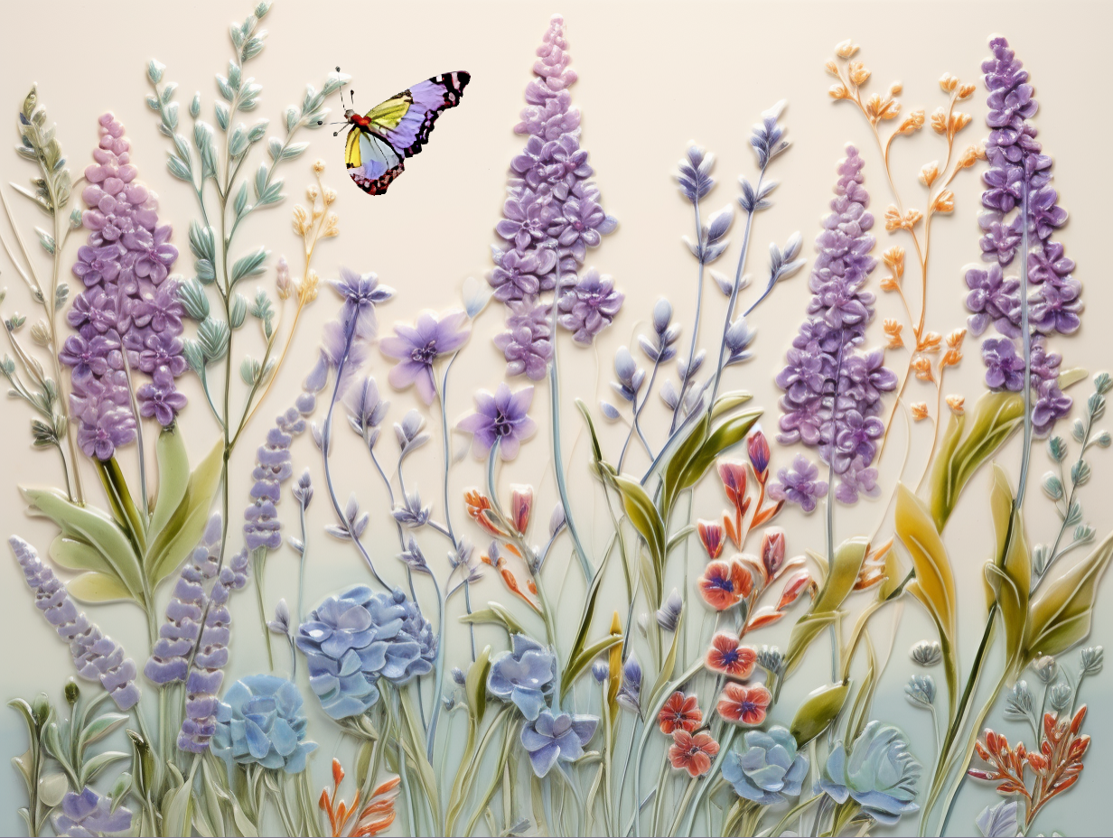 Butterfly in a field of Wildflowers Mural and Lavender Tile Set.