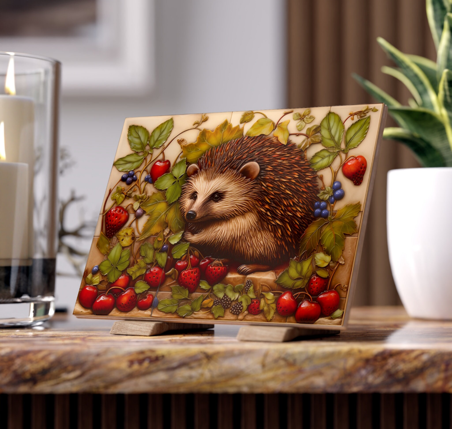 Hedgehog Ceramic Photo Tile. Set of 2.