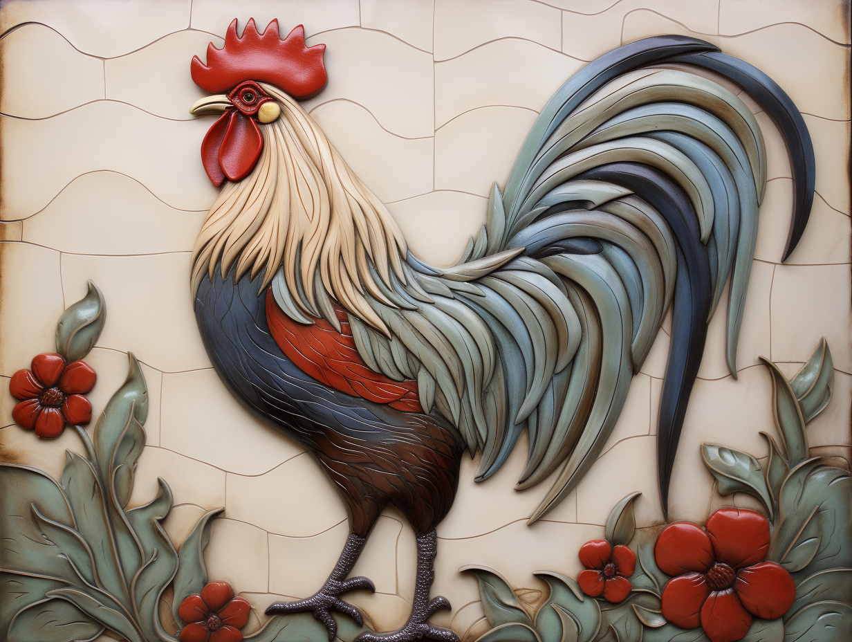 Clay rooster 18" by 16" mural + nine 8" by 6" border rooster tiles.