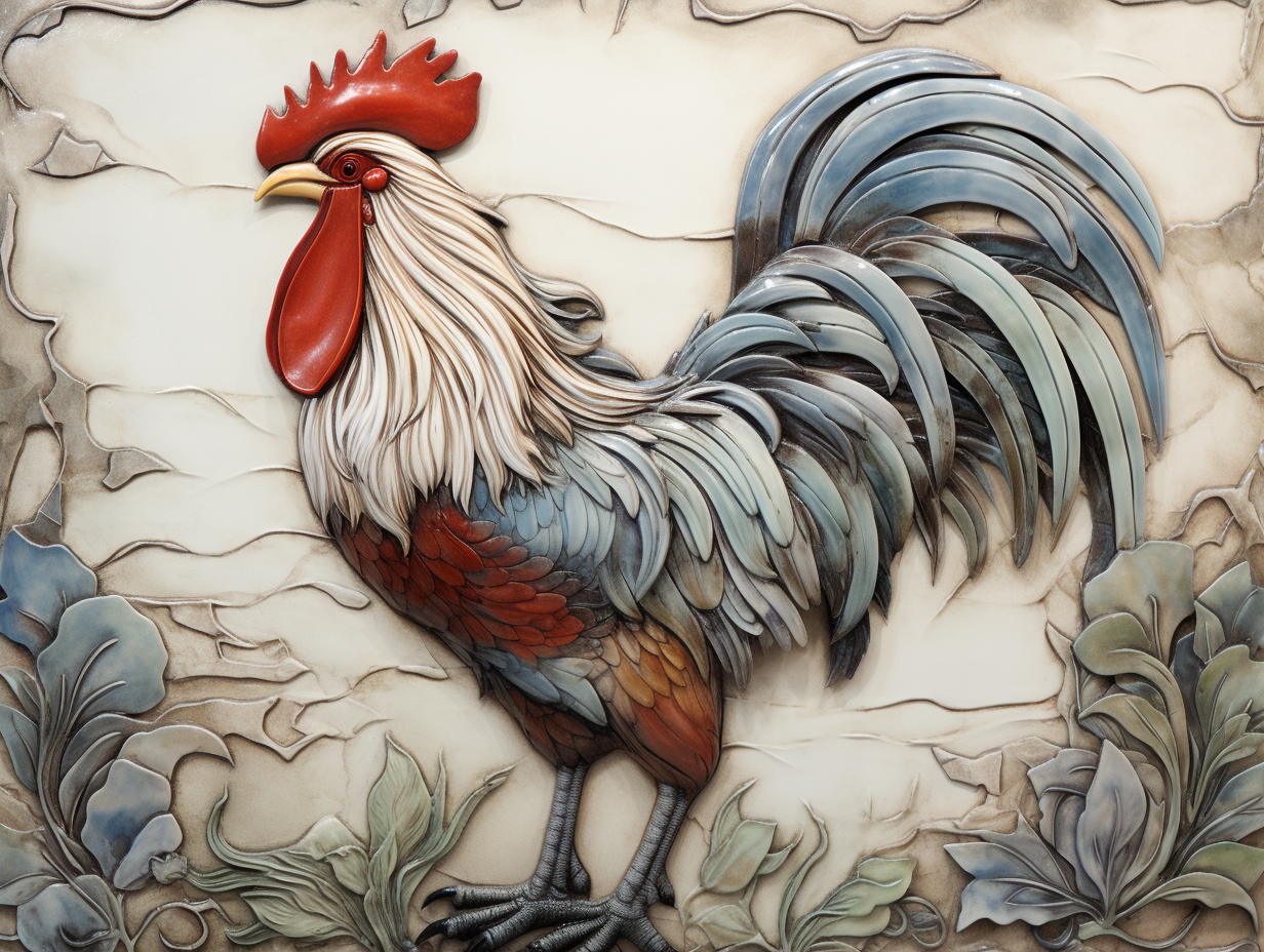 Clay rooster 18" by 16" mural + nine 8" by 6" border rooster tiles.