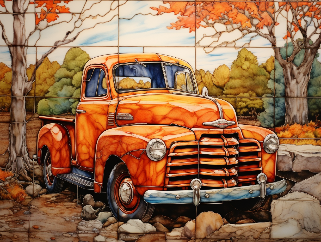 Ceramic Old-Fashioned Truck Tiles. Set of 4.