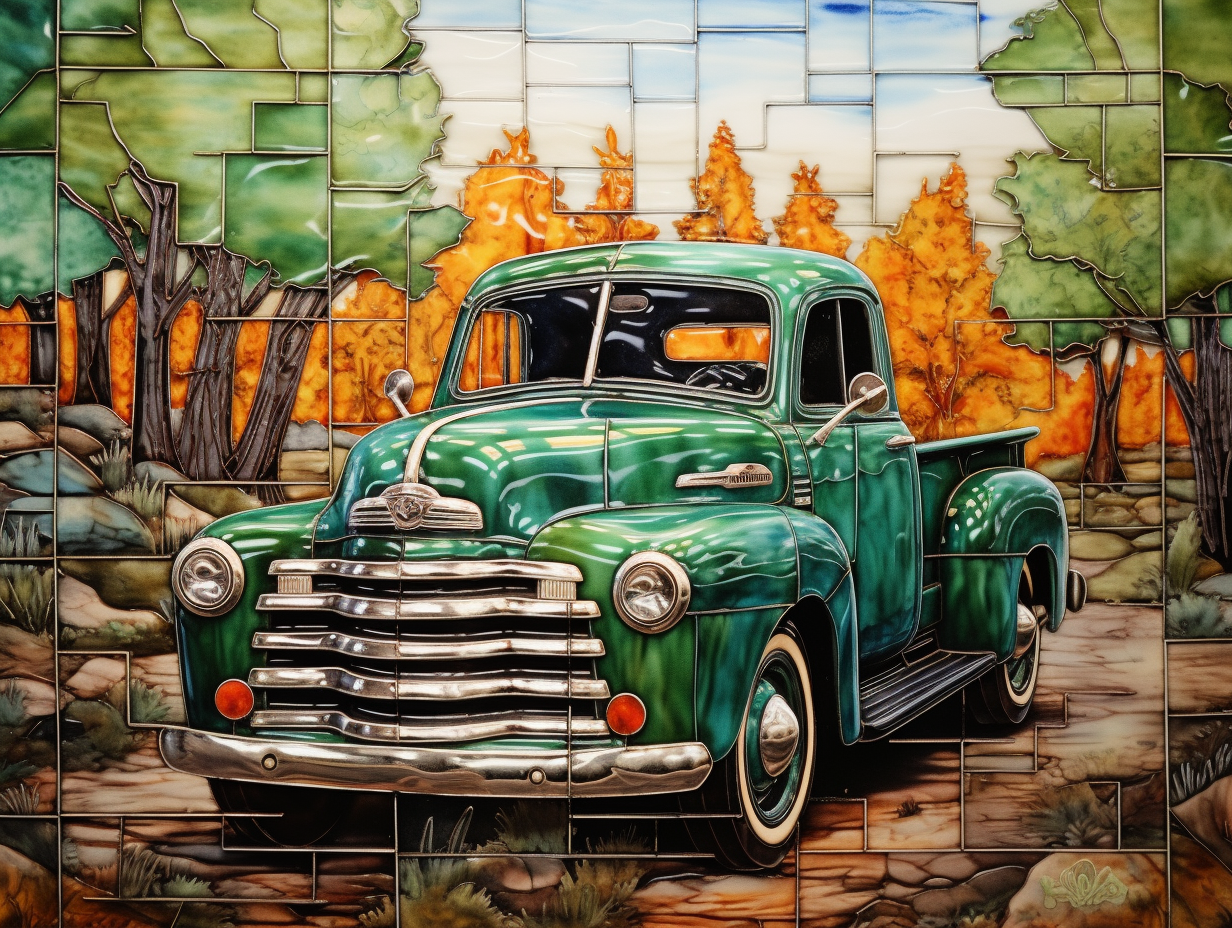 Ceramic Old-Fashioned Truck Tiles. Set of 4.