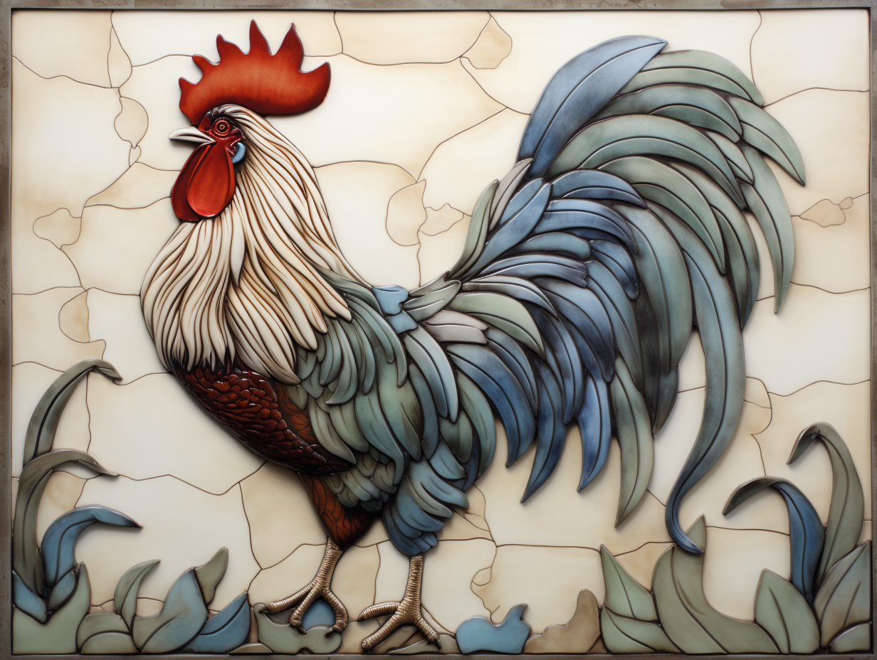 Clay rooster 18" by 16" mural + nine 8" by 6" border rooster tiles.