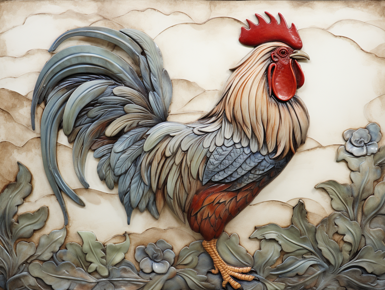 Clay rooster 18" by 16" mural + nine 8" by 6" border rooster tiles.