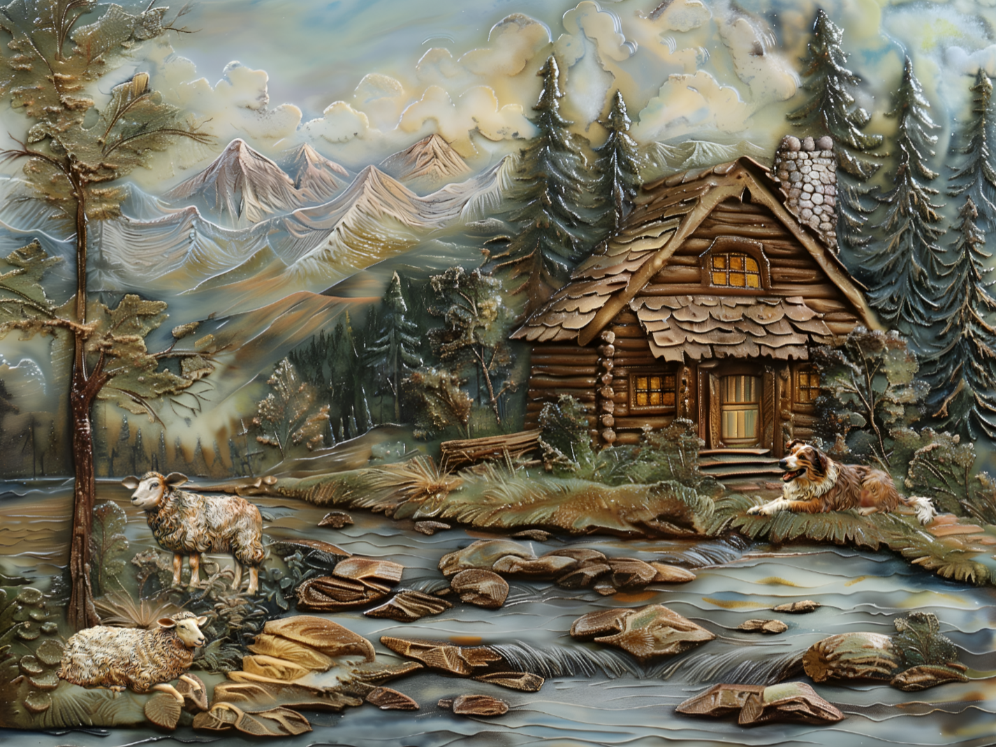 Mountain Log Cabin Ceramic Tile Mural. Herding Dog with Sheep Ceramic Kitchen Backsplash.