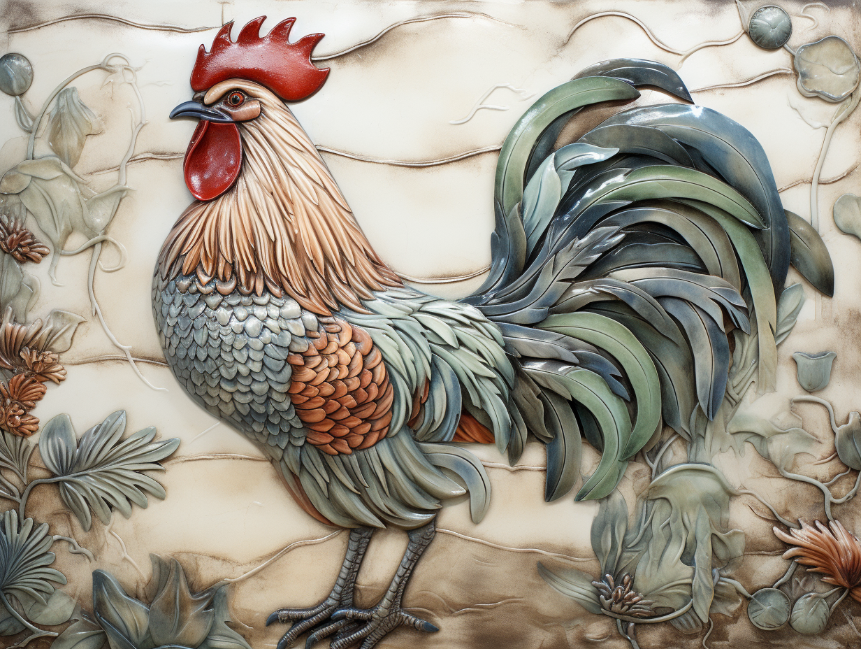 Clay rooster 18" by 16" mural + nine 8" by 6" border rooster tiles.