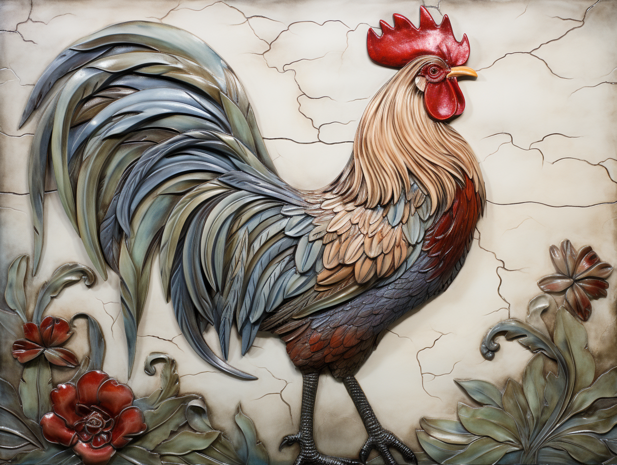 Clay rooster 18" by 16" mural + nine 8" by 6" border rooster tiles.