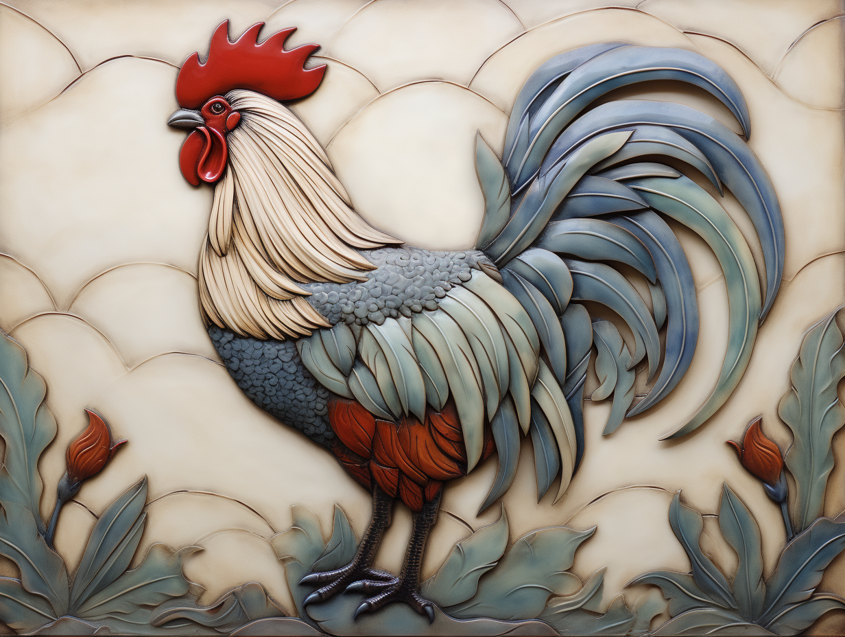 Clay rooster 18" by 16" mural + nine 8" by 6" border rooster tiles.