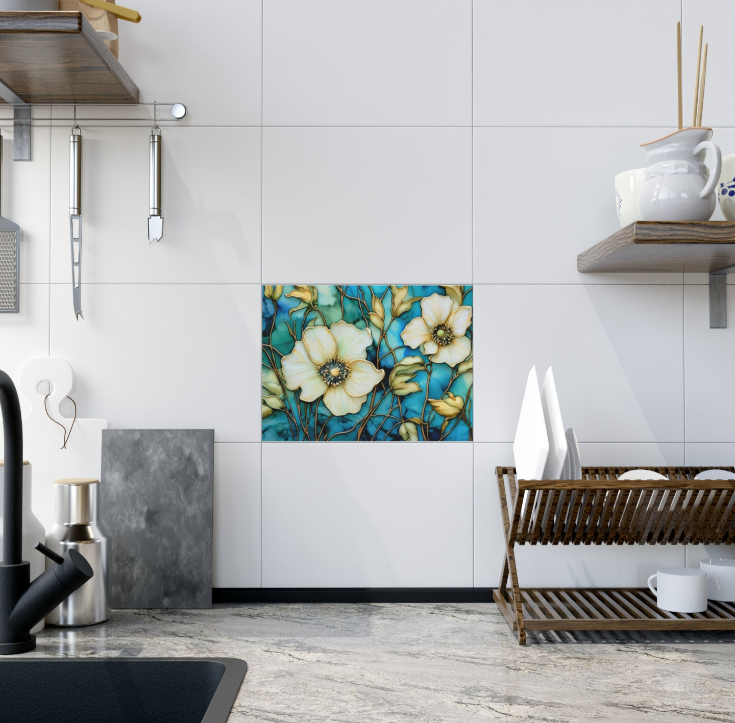 White Wildflowers Ceramic Accent Tile or Mosaic.