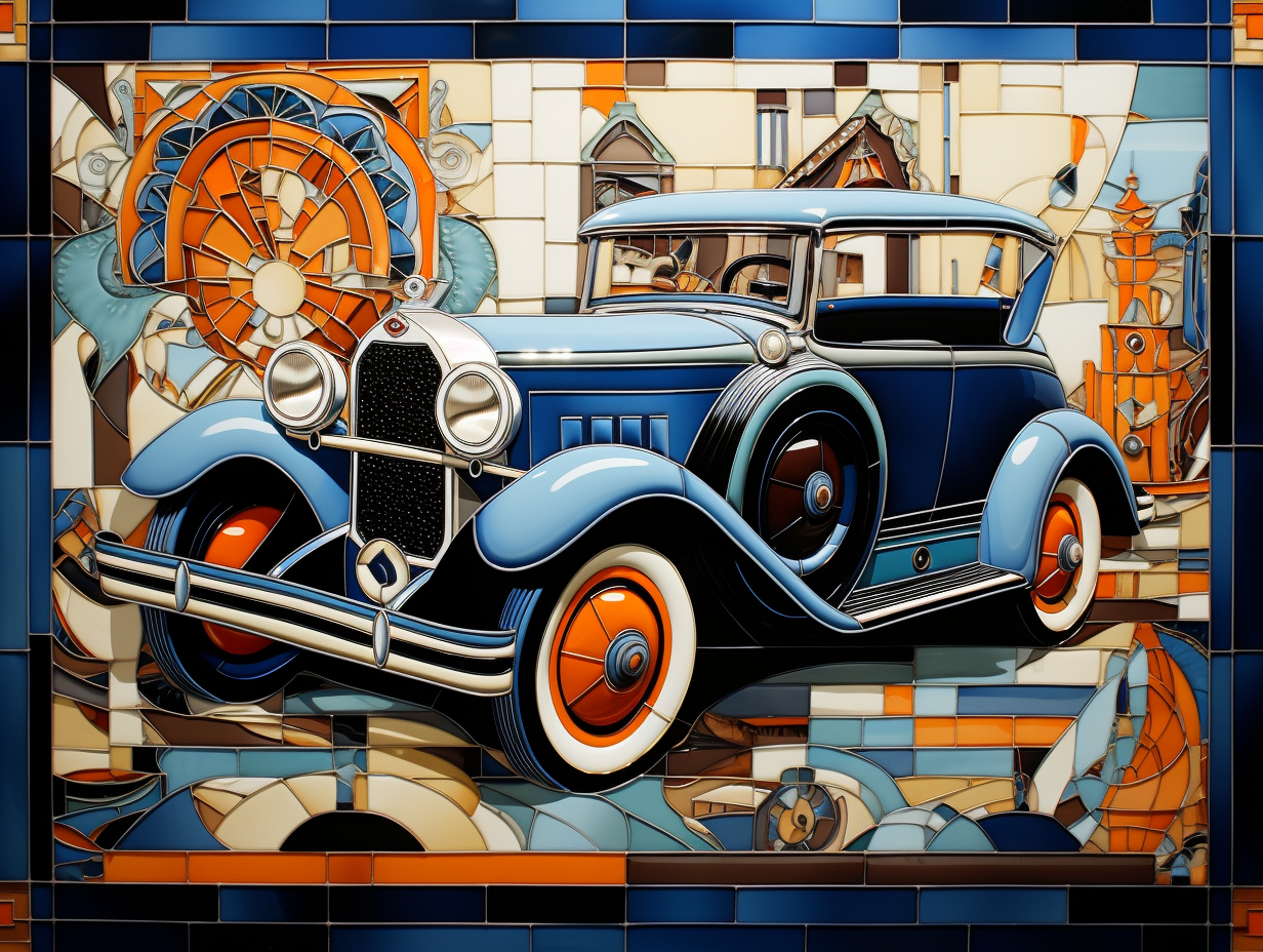 Old Fashioned Automobile Ceramic Tiles, Car Tiles, Old Auto Wall Accent Tiles. Set of 4.