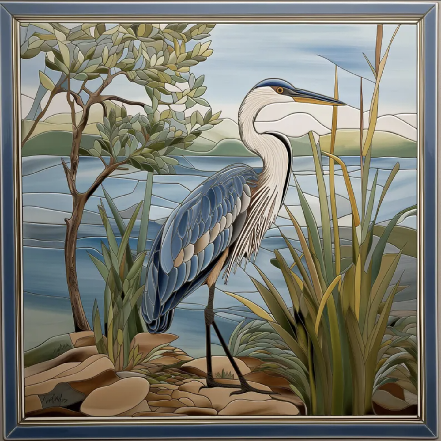 Blue Heron Landscape Ceramic Tile Mosaic.
