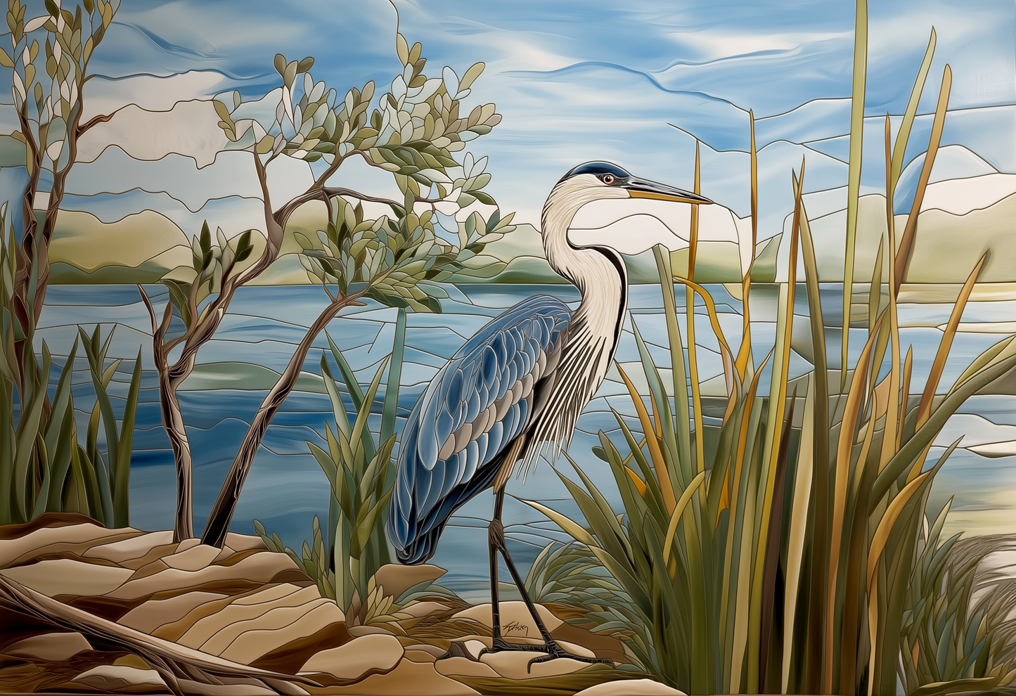Blue Heron Landscape Ceramic Tile Mosaic.