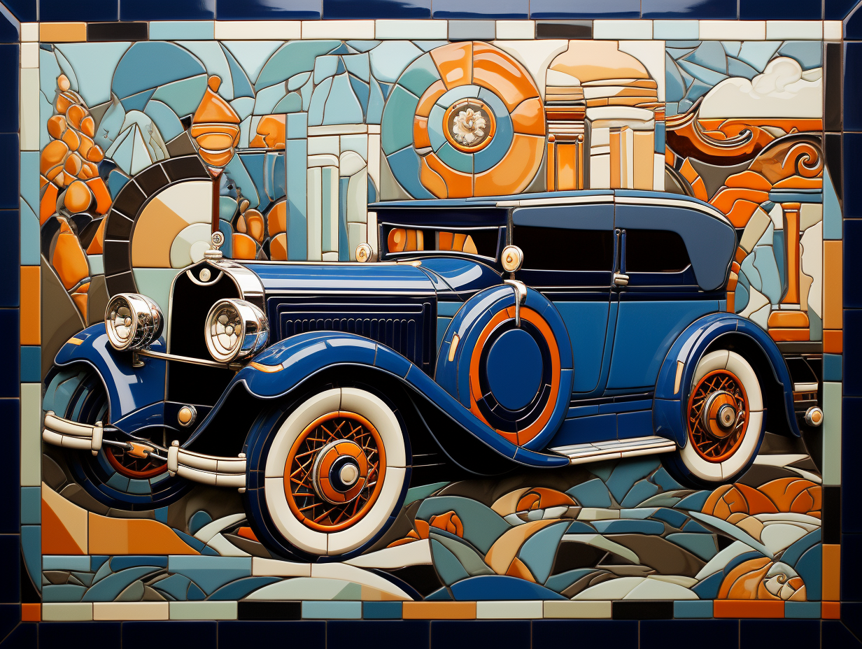 Old Fashioned Automobile Ceramic Tiles, Car Tiles, Old Auto Wall Accent Tiles. Set of 4.