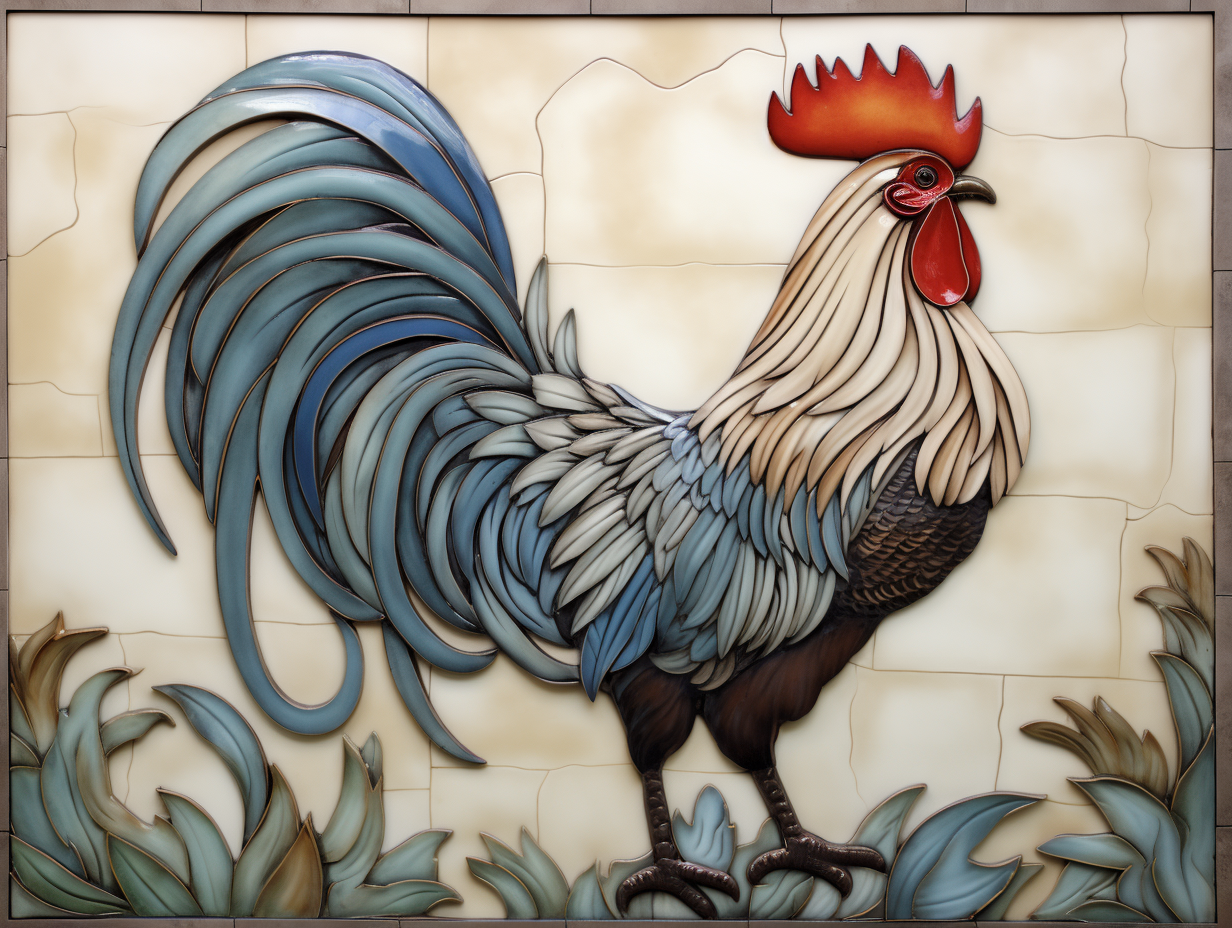 Clay rooster 18" by 16" mural + nine 8" by 6" border rooster tiles.